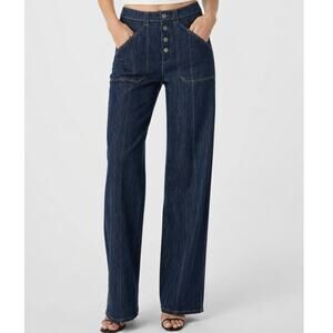 Cinq a Sept Benji Jeans Wide Leg Contrast Stitch Exposed Button Full Length Blue